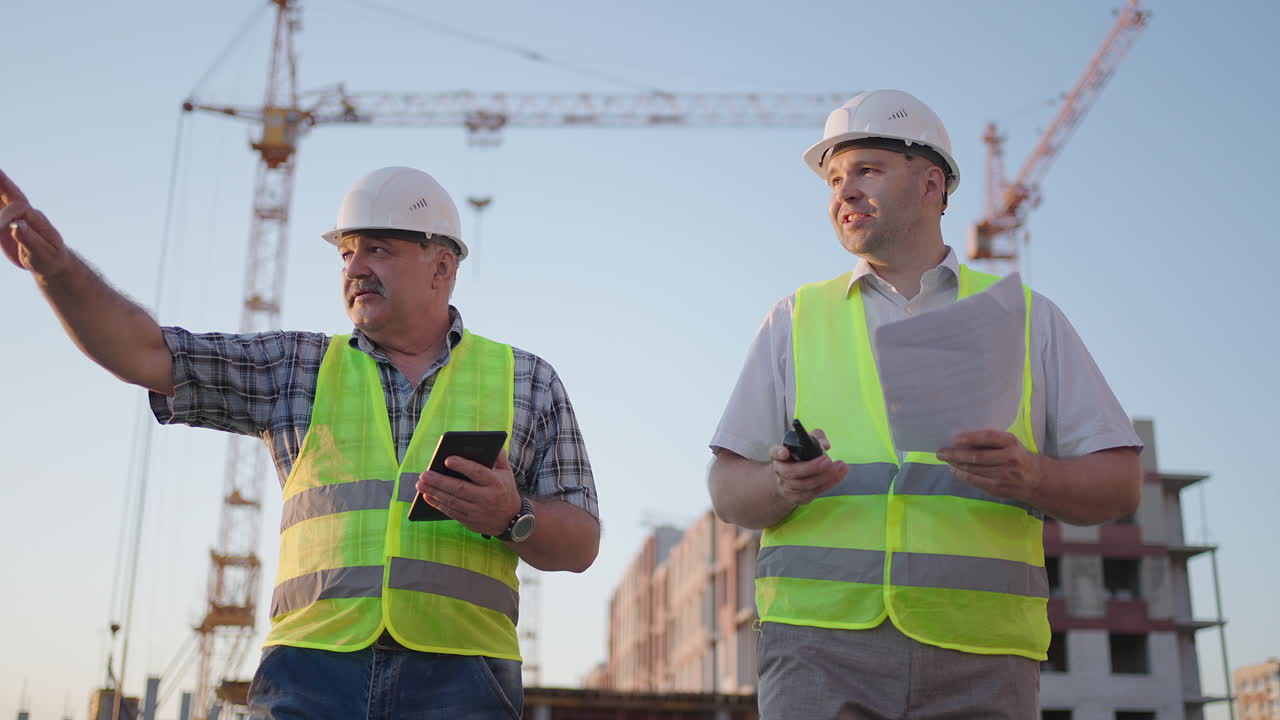 dos ingenieros discutiendo un proyecto en un sitio de construcción un trabajador usando un casco durante la puesta de sol