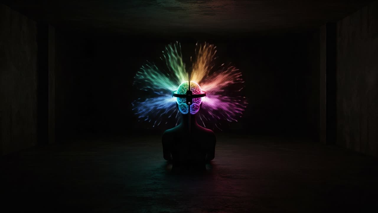 A Creative Exploration of Consciousness: A Figure Surrounded by Vibrant Splashes of Color in a Dimly Lit Space Symbolizing Imagination and Intellectual Energy