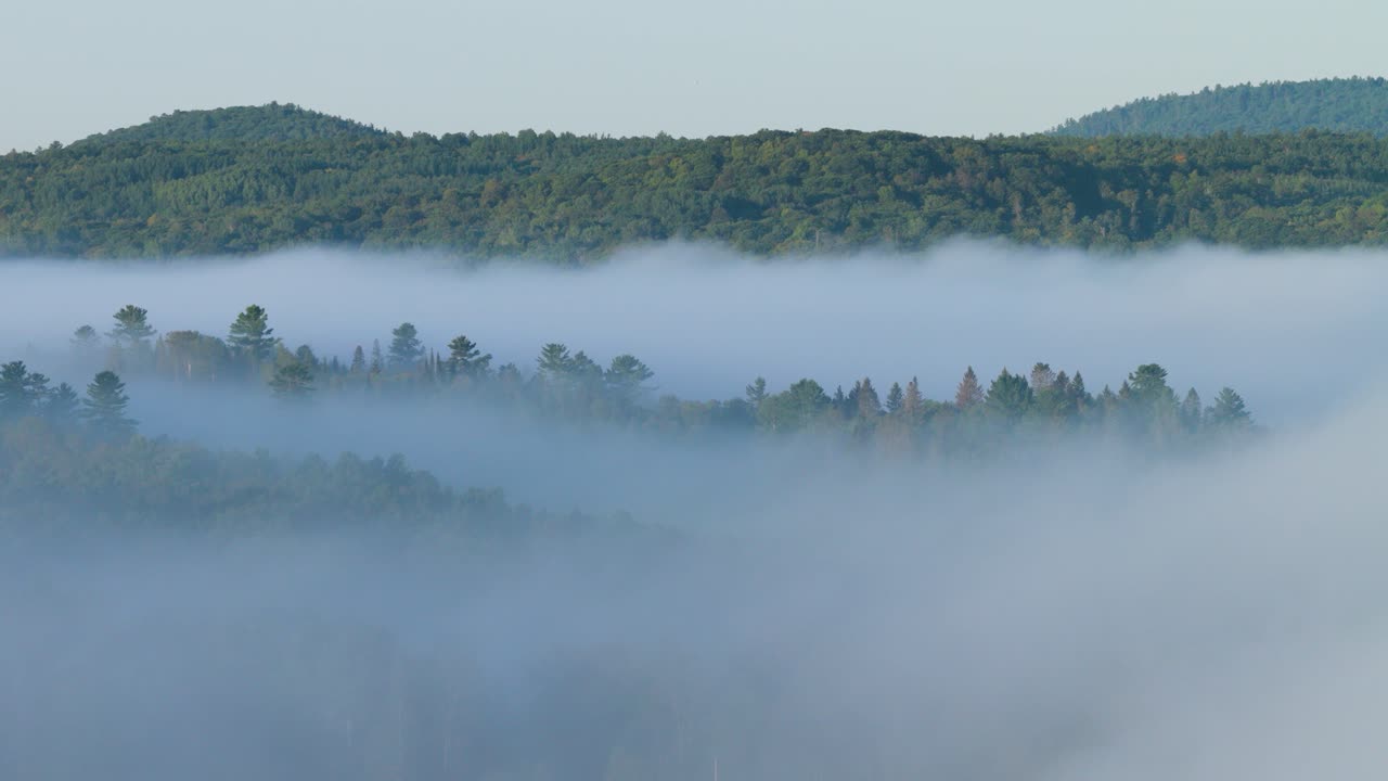 Aerial view of the vast Canadian forests of western Quebec, blanketed in morning mist
