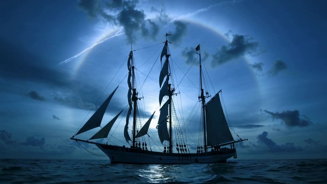 Velero de tres mástiles navegando de noche en el mar bajo un halo o destello, tripulación con ropa oscura ajustando las velas al cambiar el viento.