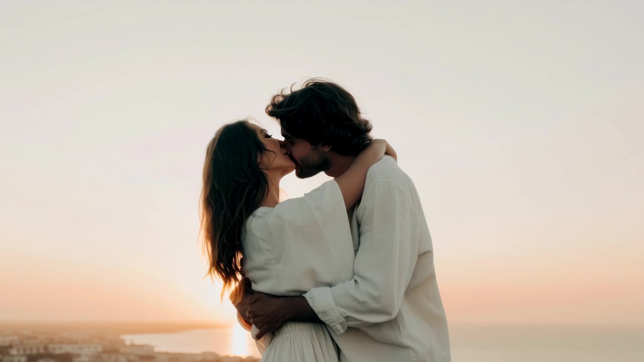 Giovane coppia che si abbraccia e si bacia al tramonto