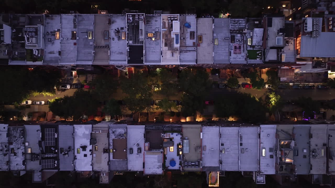 Aerial view of a quiet Upper West Side Manhattan street at night.Shot on an autumn afternoon in New York City.