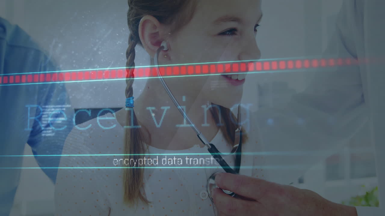Listening to stethoscope, girl with doctor, encrypted data transfer animation