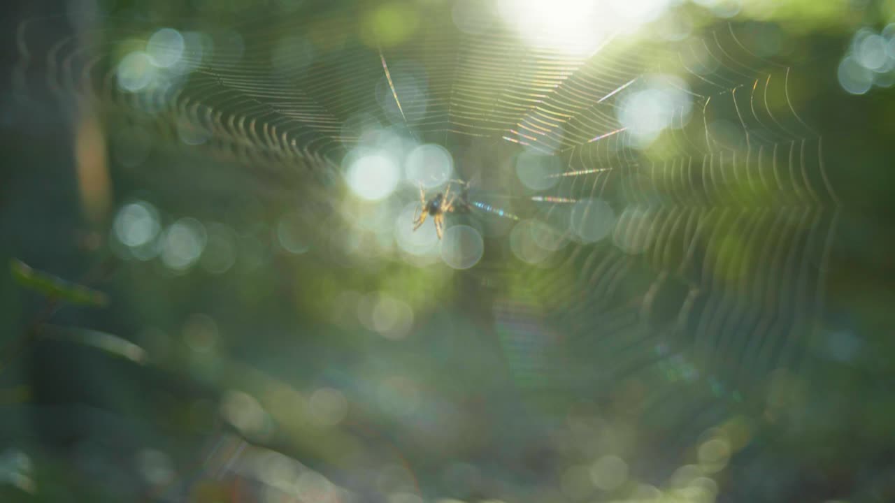 거미줄 중앙에 서 있는 거미의 4k 느린 동작 매크로 샷, 햇빛을 배경으로 숲 한가운데