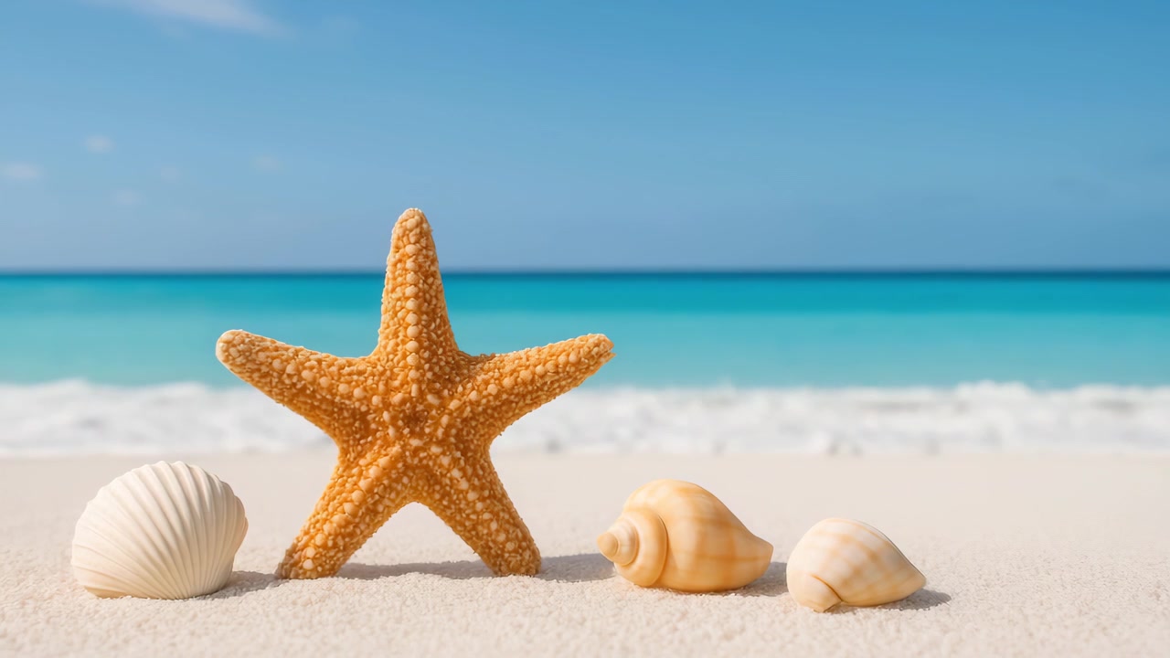 Starfish and Seashells on a White Sandy Beach with Turquoise Ocean
