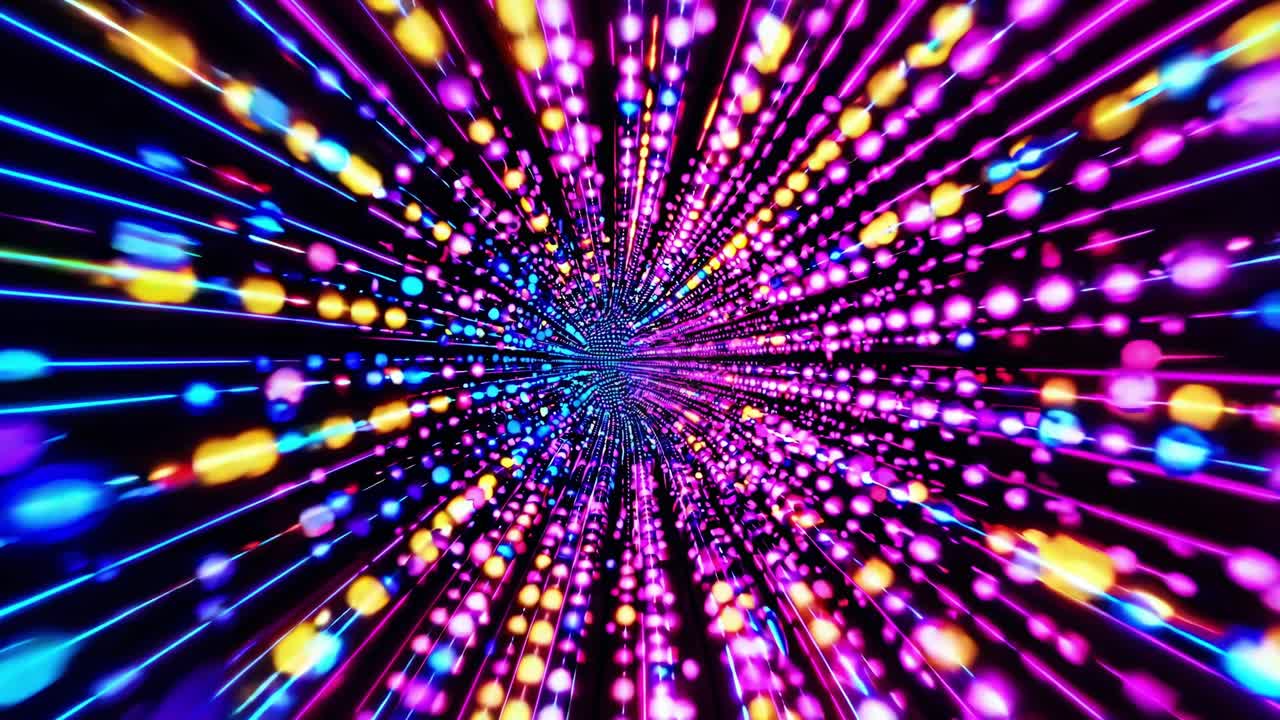 Colorful lights exploding inside a dark tunnel creating a zoom effect and a sense of speed and movement, perfect for backgrounds and visual effects