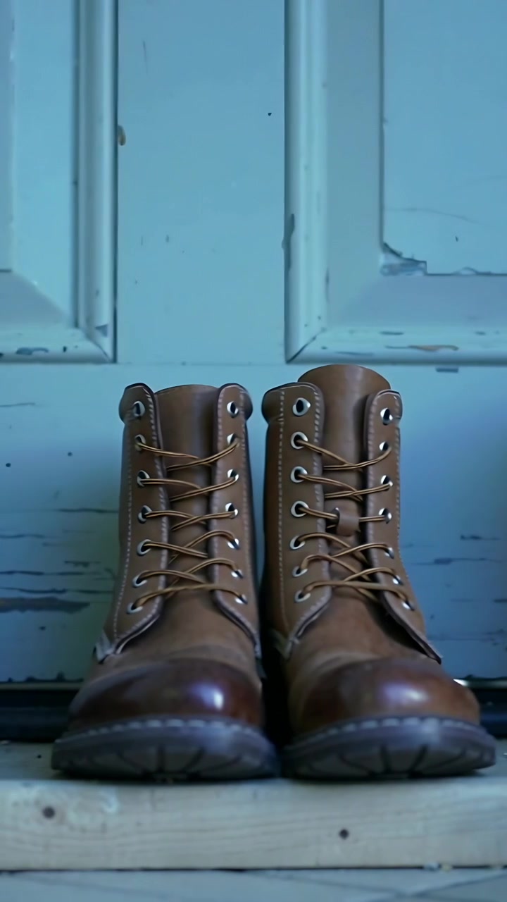 Vertical video: Pulling back camera revealing centered brown boots on shelf to show more pairs