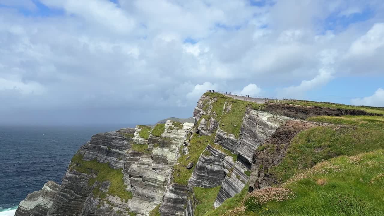 Ireland Epic Locations tourist at viewing point on Kerry Sea Cliffs dramatic landscape on The Ring Of Kerry