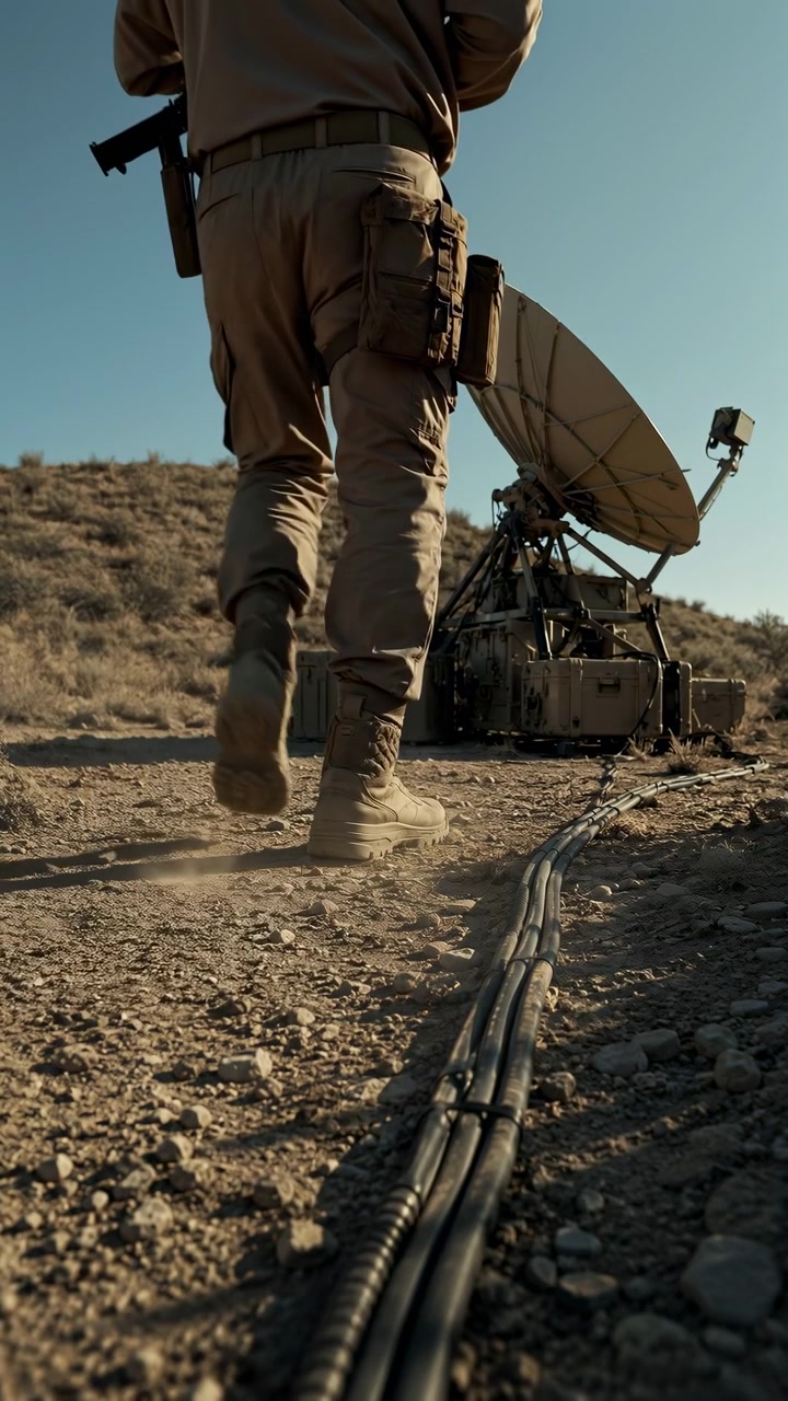 Low-angle rear view shows person advancing as thick black cables guide foreground toward mounted dish and equipment cases, with dry hillside vegetation and long warm shadows.