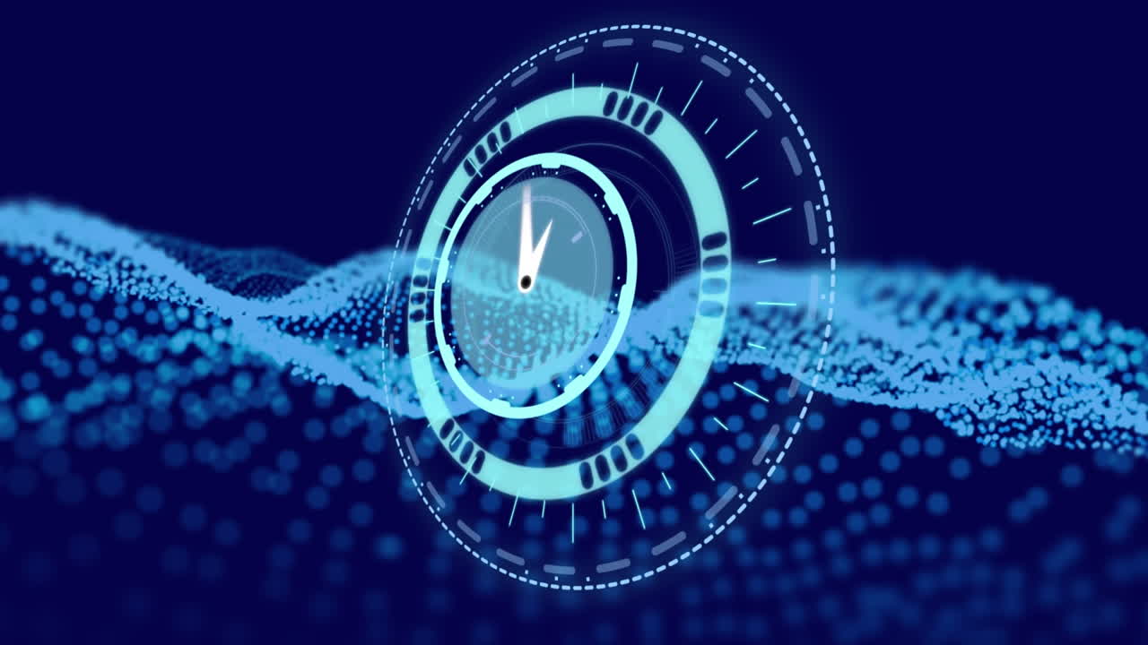 Animation of clock over wave on dark blue background