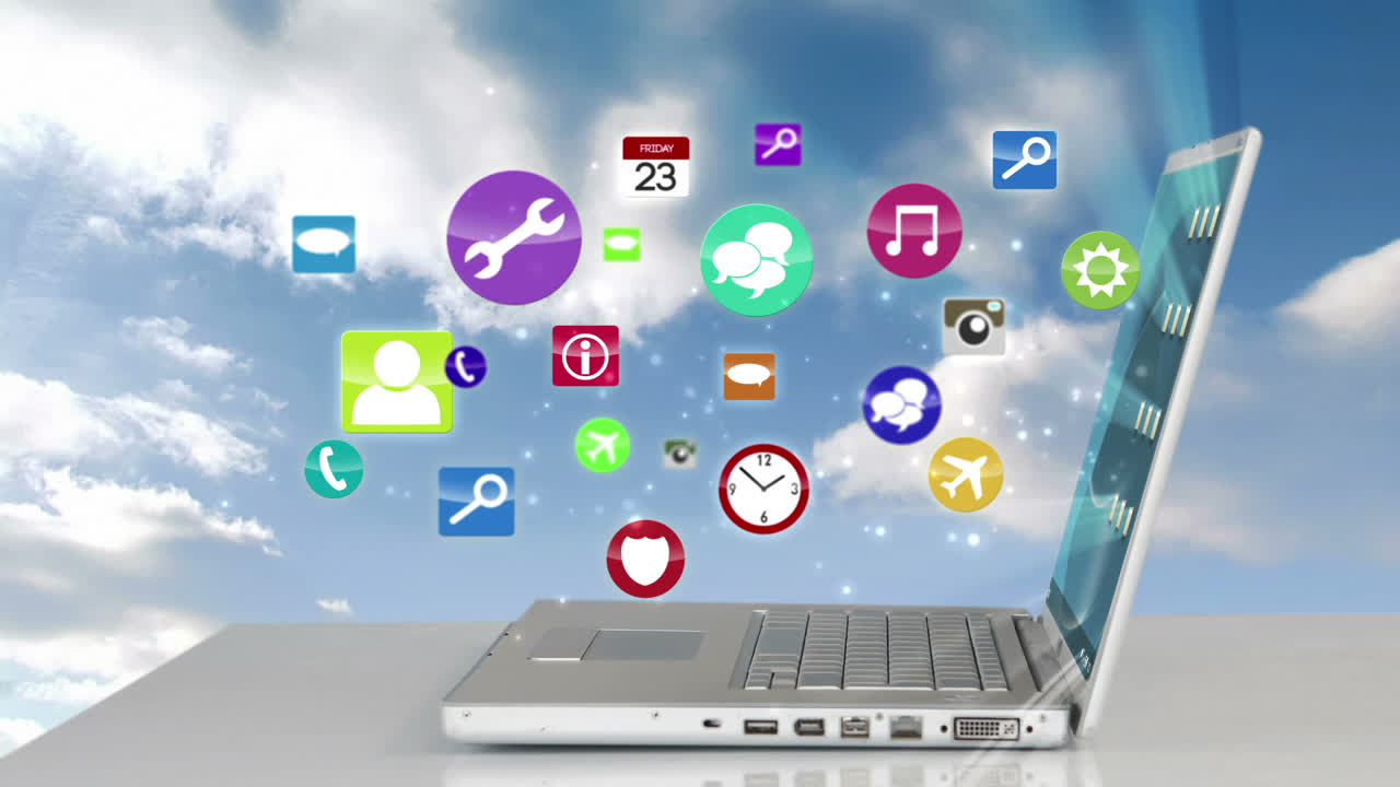 iconos coloridos apareciendo por el portátil