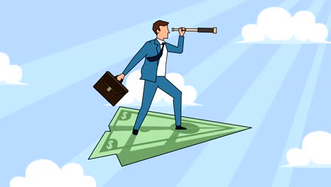 flat cartoon businessman character with case bag and looks through spyglass flying on dollar paper airplane animation