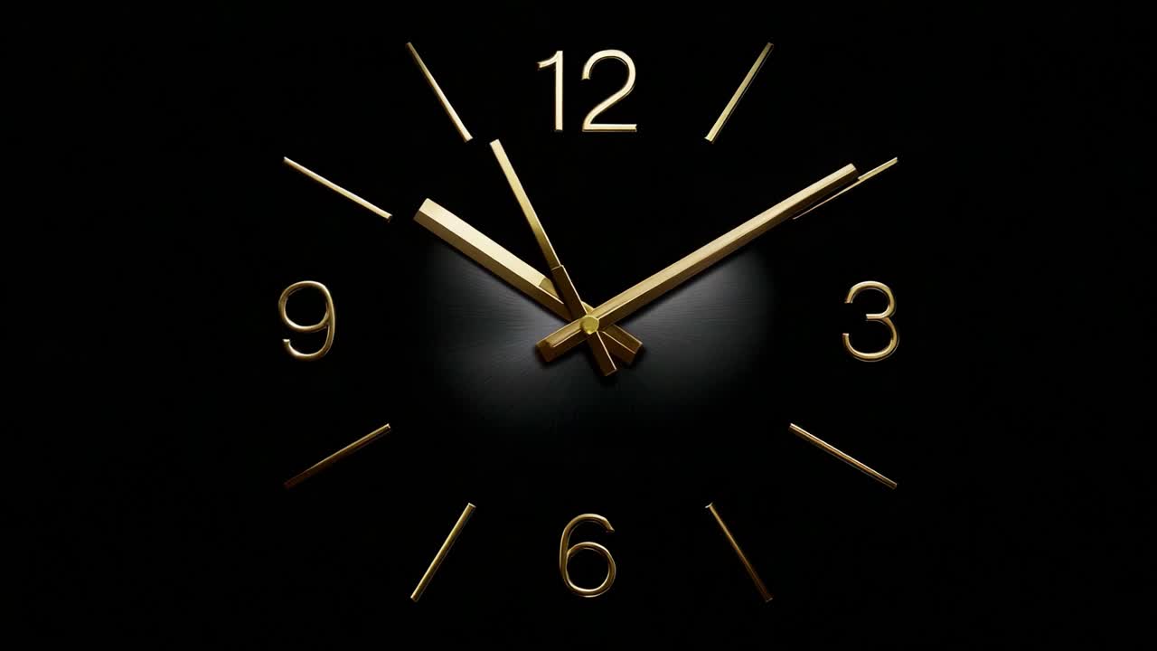 A Close-Up View of a Stylish Wall Clock Displaying Time with Elegant Gold Hands, Highlighting the Hour, Minute, and Second Markers Against a Sleek Dark Background, Perfect for Interior Décor and Timekeeping