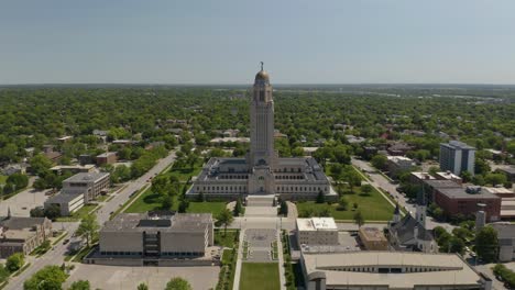 establishing drone shot of nebraska state capitol