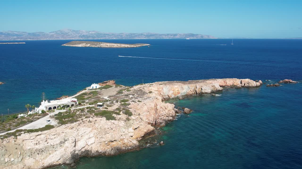 Aerial views from over the coast of Paros, Greece, in the Aegean Sea