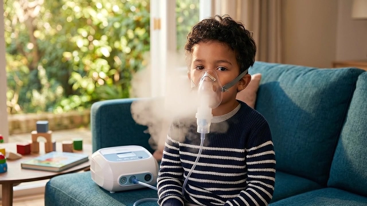 Jeune garçon utilisant un masque de nébulisation pour un traitement respiratoire à domicile