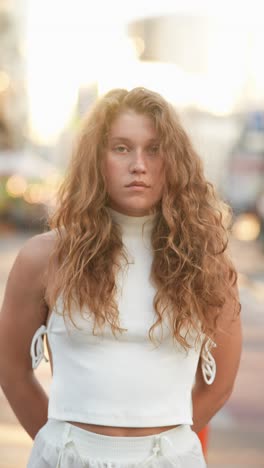 young woman in city street