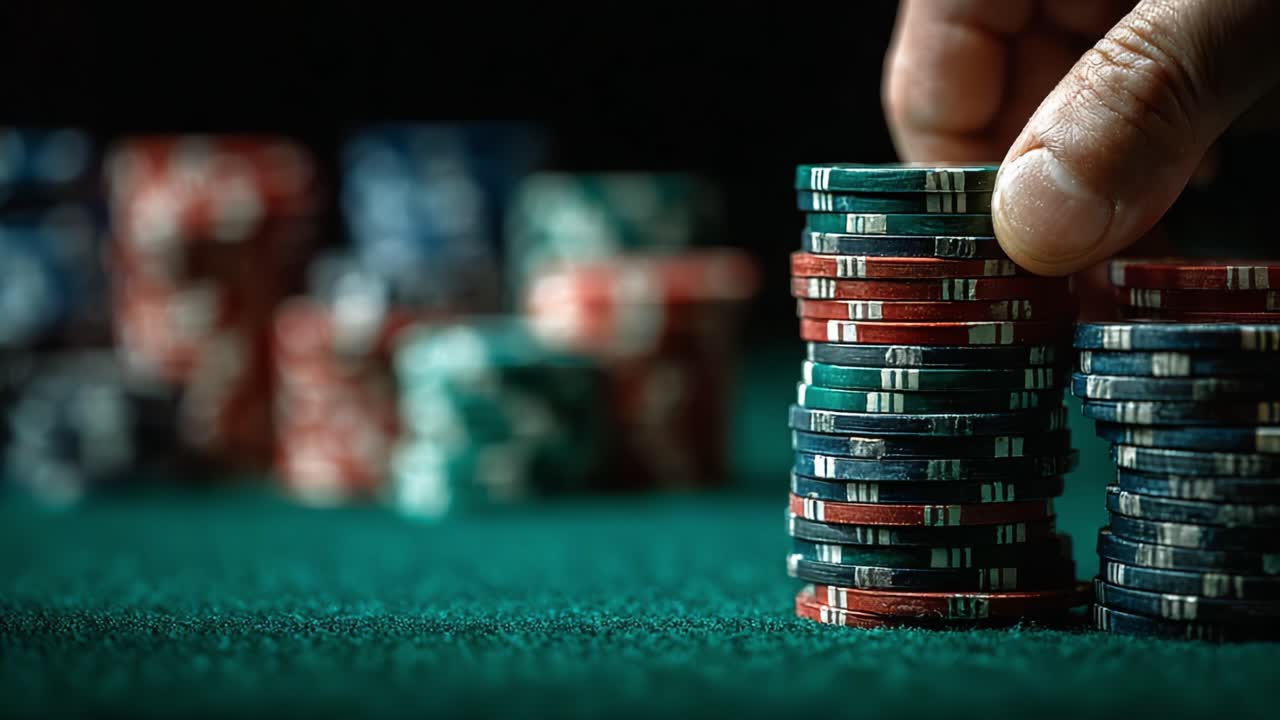 A Close-Up View of Colorful Poker Chips Stacked on a Green Felt Table, Capturing the Tension of a High-Stakes Game with a Focus on Strategy and Chance