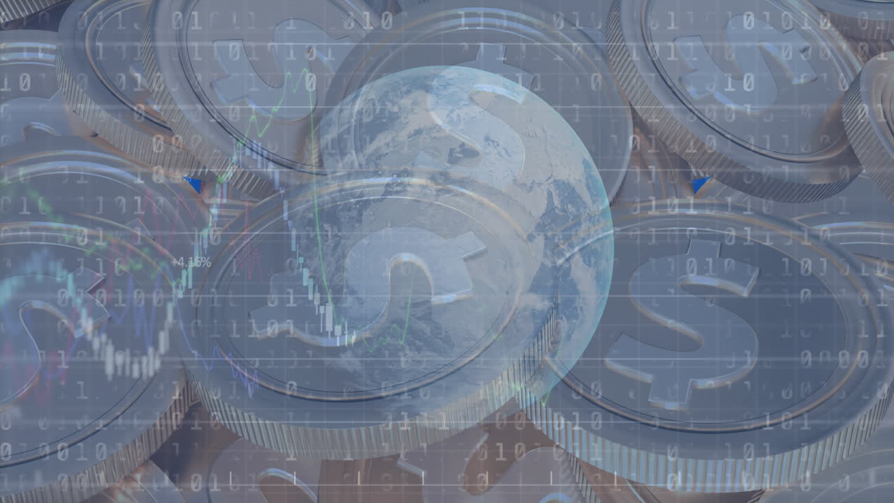 미국 달러 동전 위에 바이너리 코딩으로 금융 데이터 처리의 애니메이션