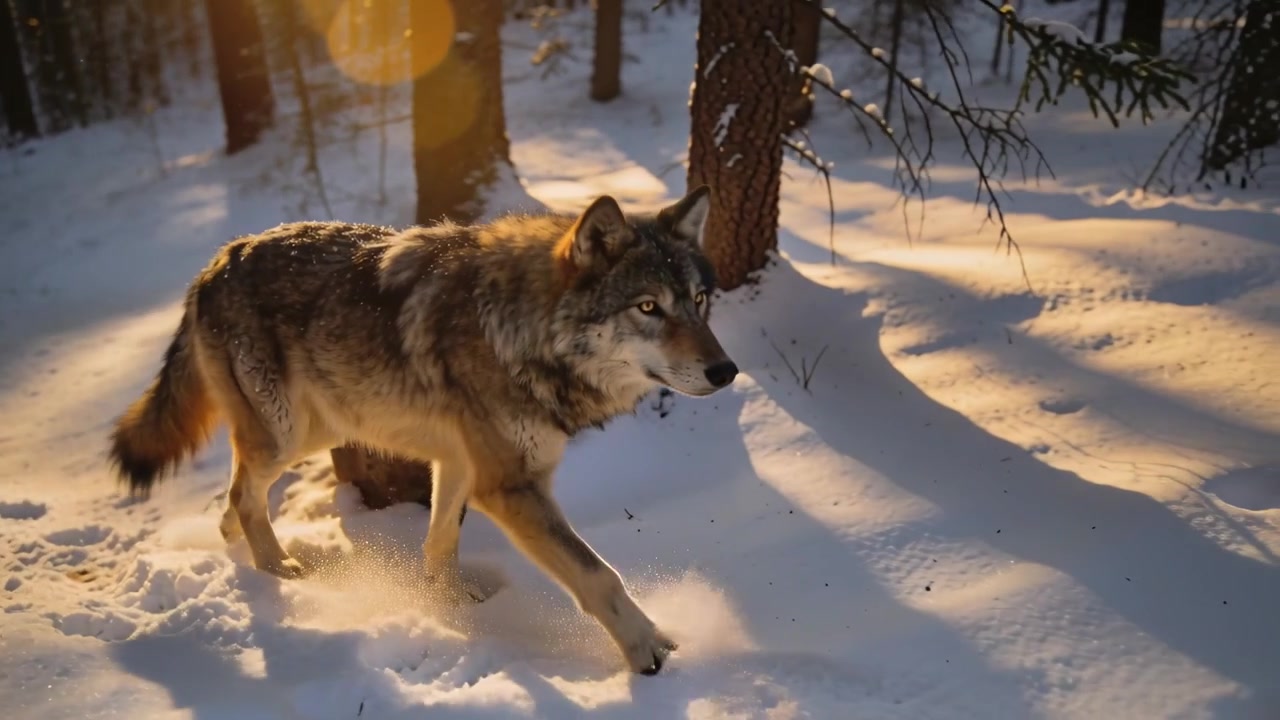 Entering frame from left, gray wolf walking through snow-covered conifer forest