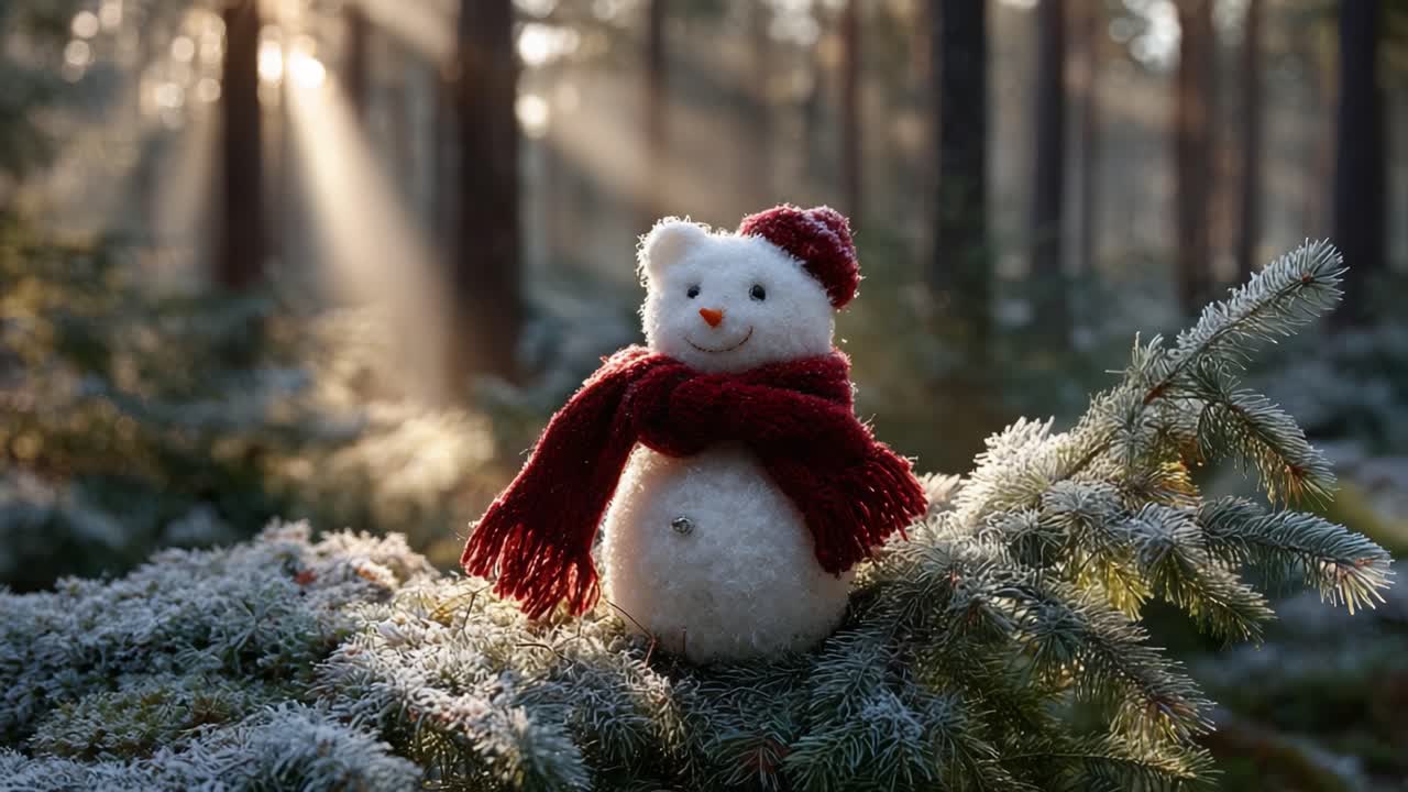 A Cheerful Snowman in a Winter Wonderland Captured in Serene Forest Light with Frosted Pines and Soft Rays Streaming Through the Trees