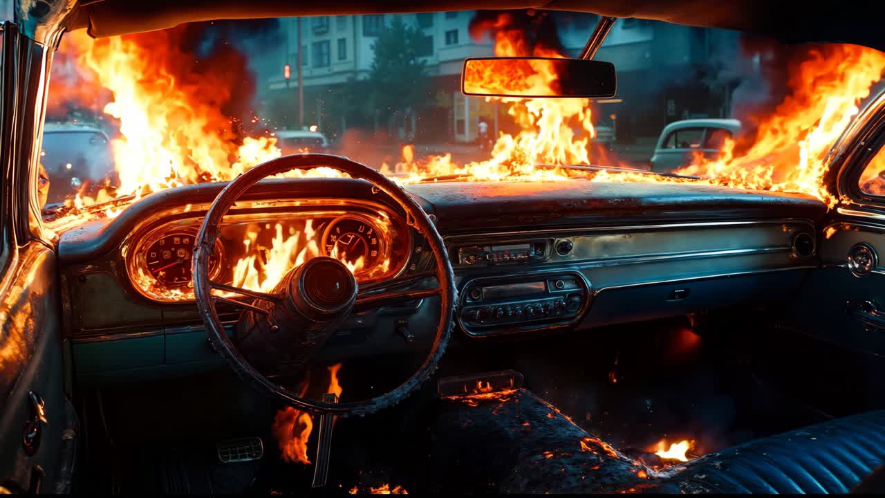 un coche está envuelto en llamas en el medio de una ciudad