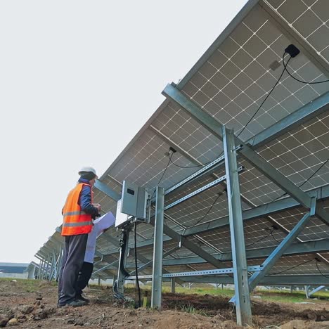 installing solar panel. man technician in special uniform connects the photovoltaic panel. view from below on a sunny battery.