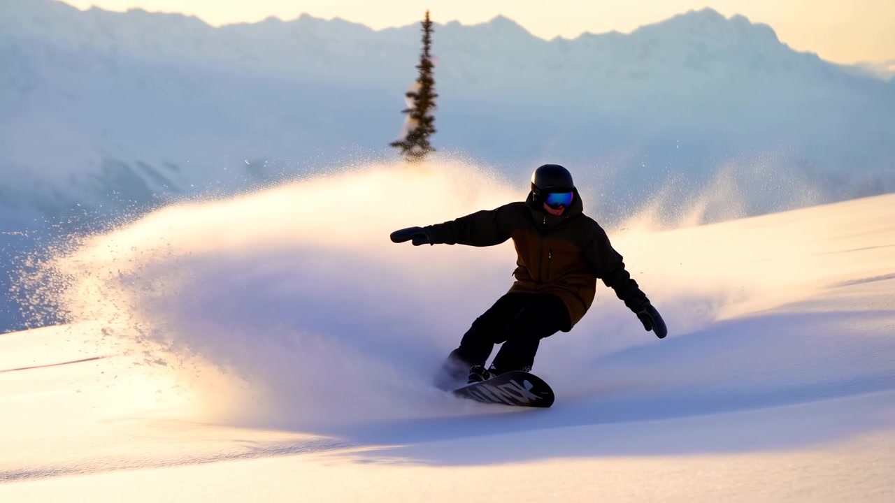 Snowboarder, der udfører et sving og sprøjter sne på en skibakke med bjerge i baggrunden, dynamisk og energisk sidebillede, let forhøjet perspektiv, hvidt og blåt tøj, sne.