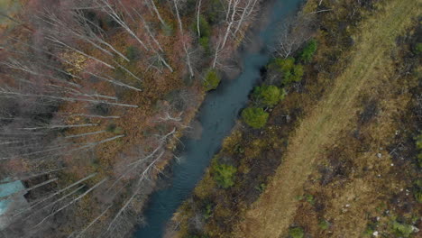 aerial, rising screwdriver, drone shot, above a river, surrounded by leafless, autumn forest, on a cold, cloudy, fall day, in juuka, north karelia, finland