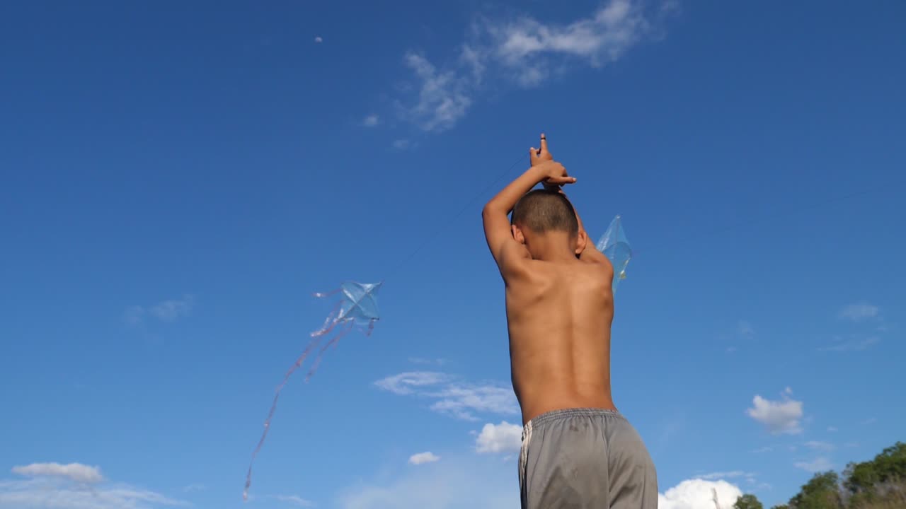 Boy Flying a Kite in the Blue Sky
