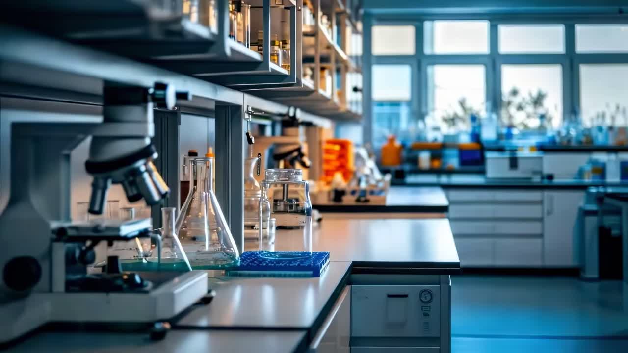 A modern laboratory with microscopes and glassware on counters. The video captures a side angle
