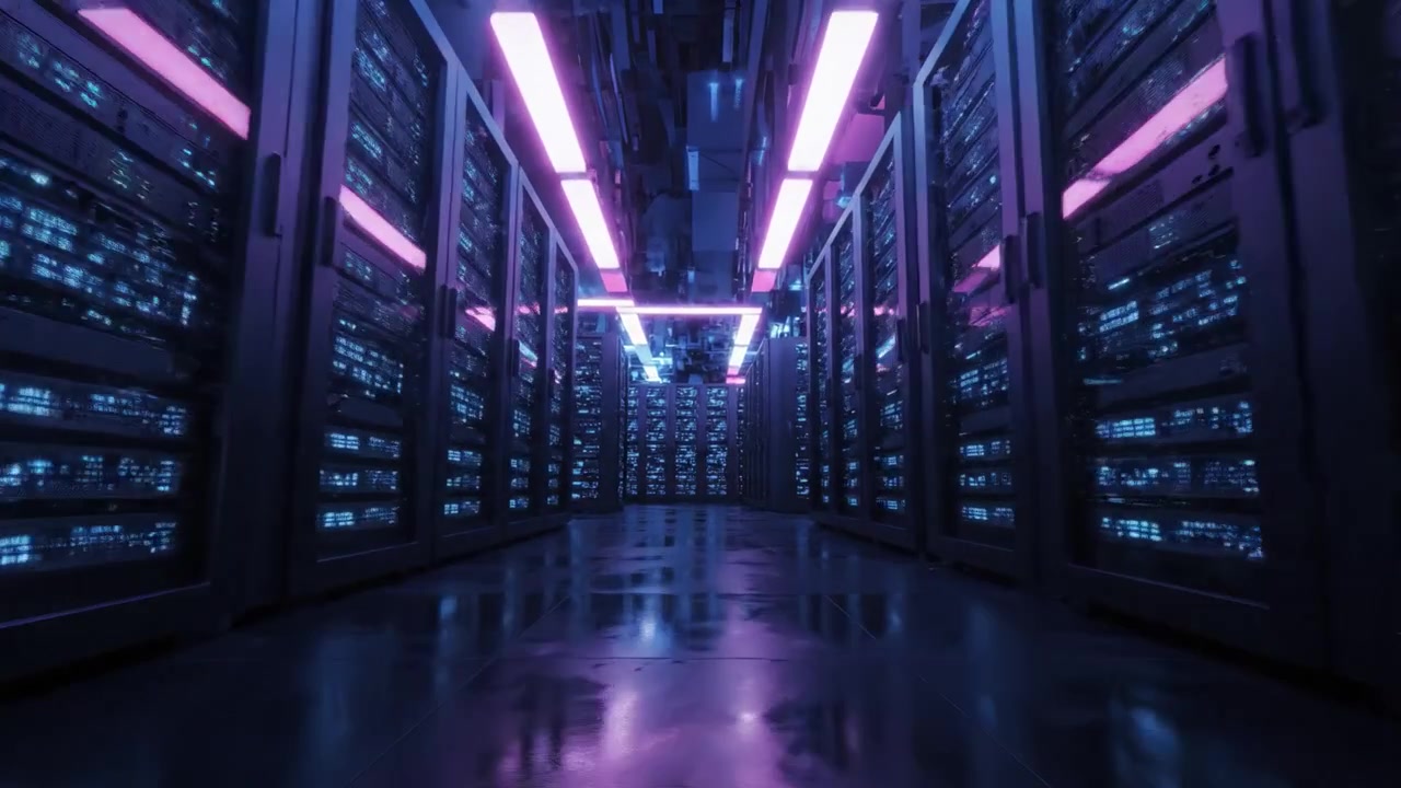 Et mørklagt datacenter lyser op med neonbelysning: En imponerende fremvisning af avanceret serverteknologi og innovativ netværksinfrastruktur i aktion.