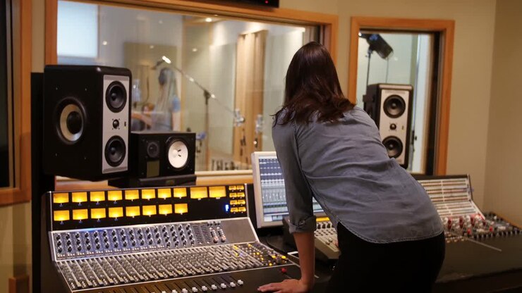 Female audio engineer using sound mixer