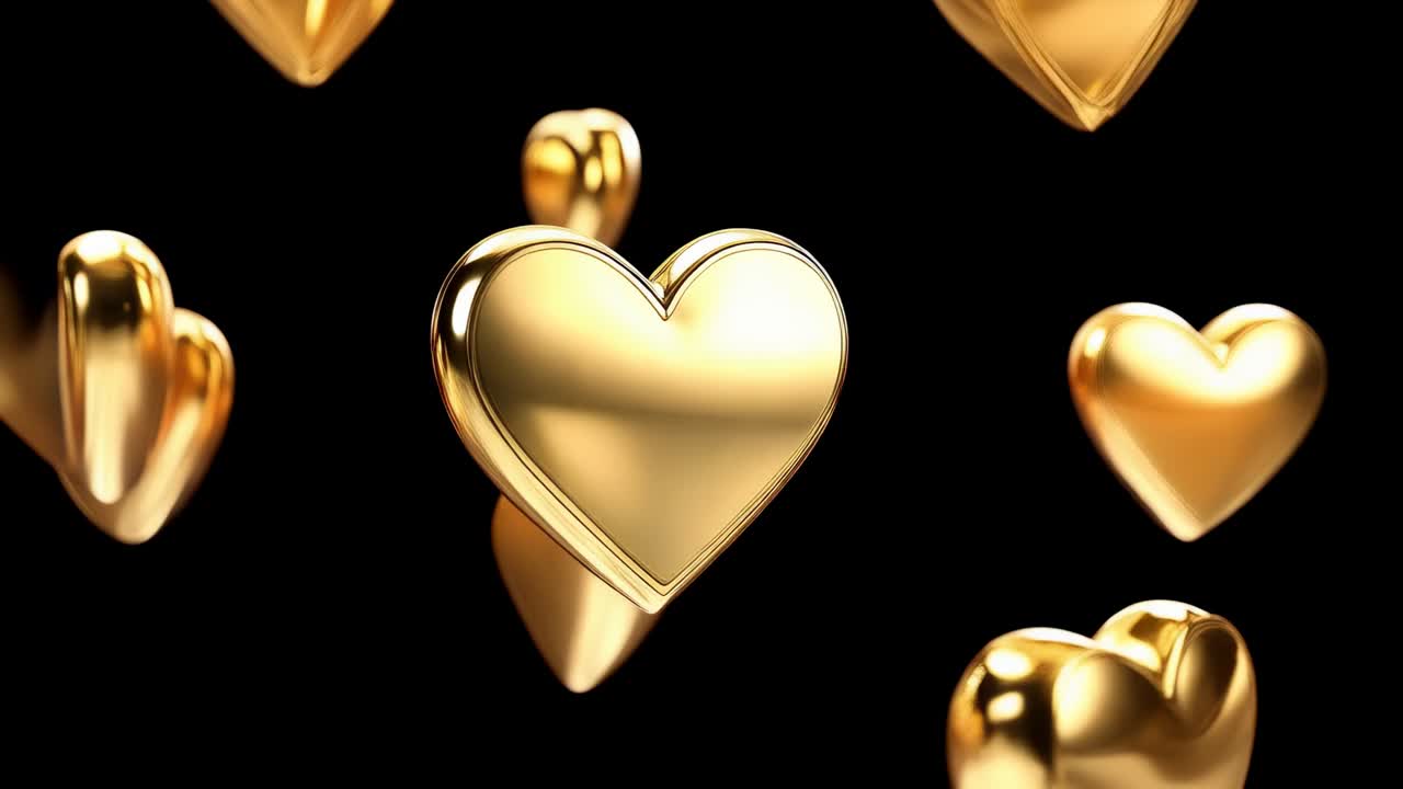Starting, large gold heart moving forward over black void while small ...