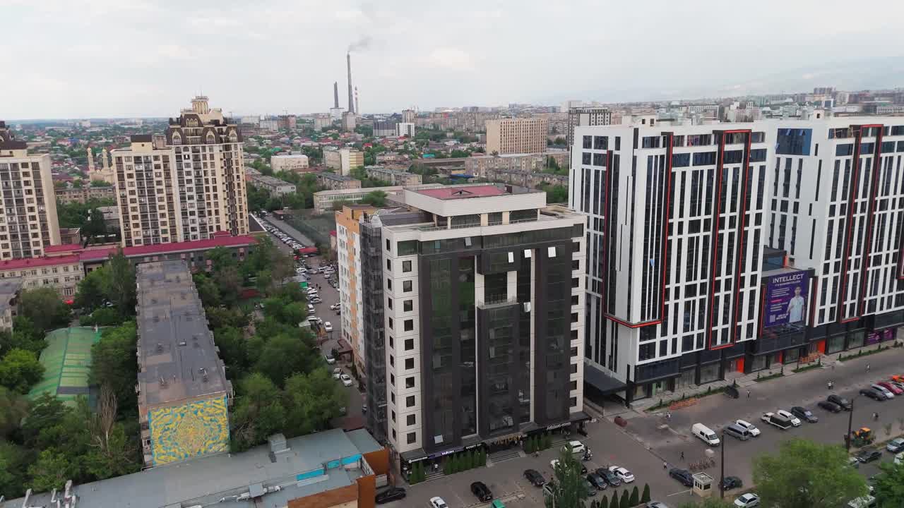 Drone Aerial fly Bishkek City – Capital of Kyrgyzstan with Central Mosque and Victory Square