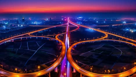 lit highway intersections at night. brightly lit highways intertwine under a colorful twilight sky, showcasing urban infrastructure and traffic flow.