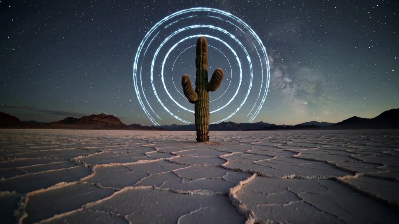 Emerging luminous rings intensifying behind saguaro cactus on cracked salt flat, Milky Way visible