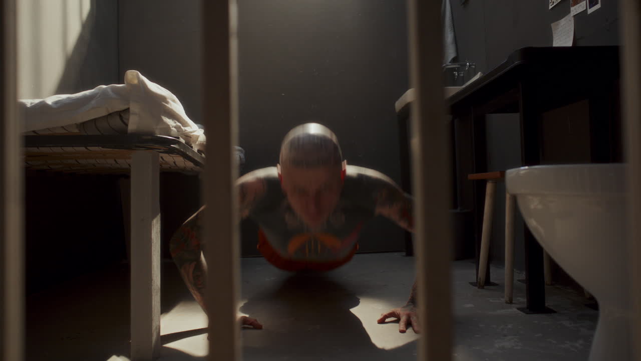 Tattooed Inmate Performing Push Ups during Workout in Prison Cell