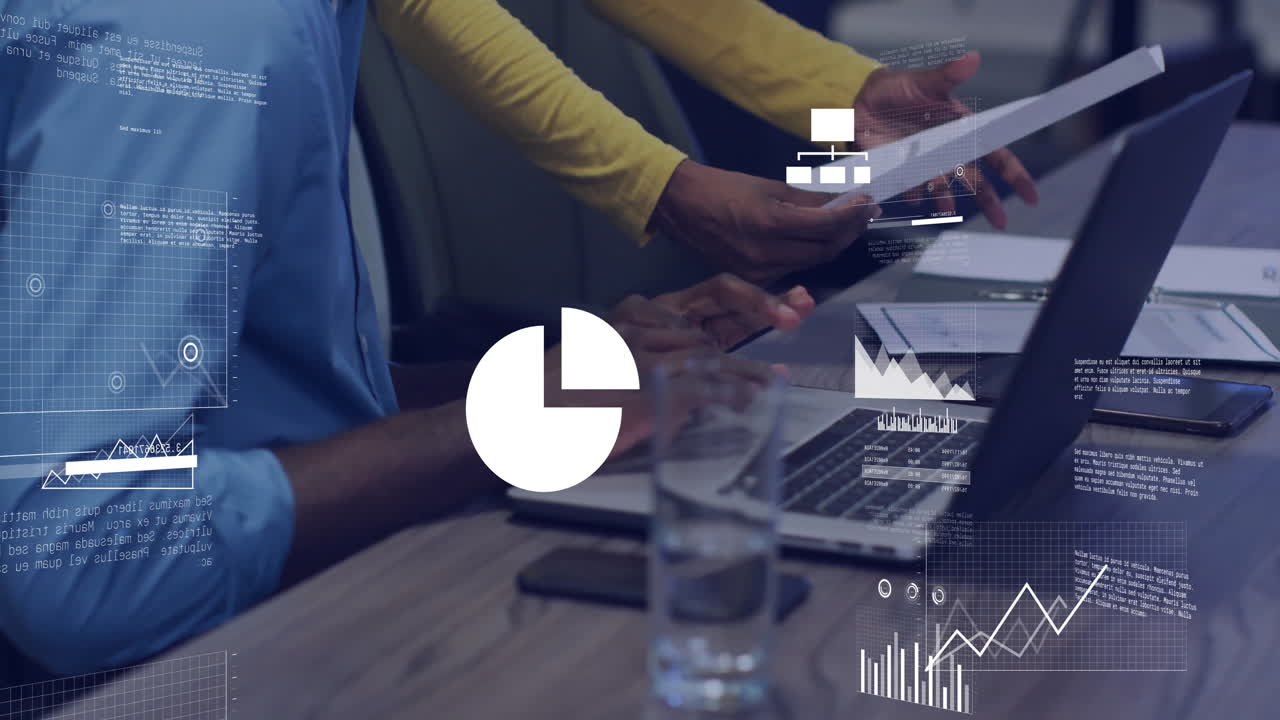 Analyzing financial data animation over people working with documents and laptop