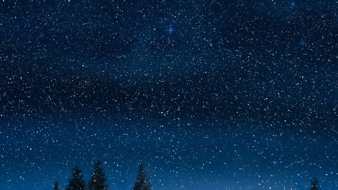Animation of snow falling over fir trees and night blue sky