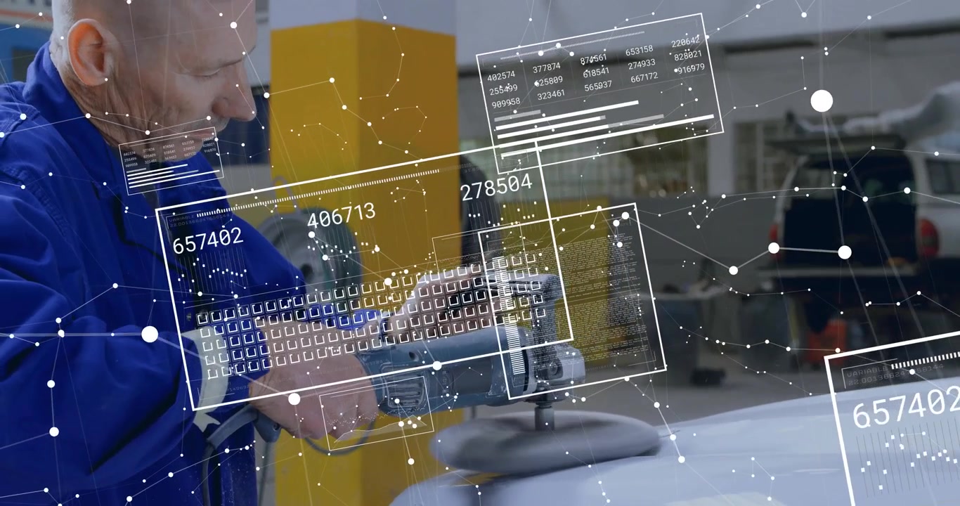 Male tech powering polisher in auto shop showing animated data panels tracing hood polishing