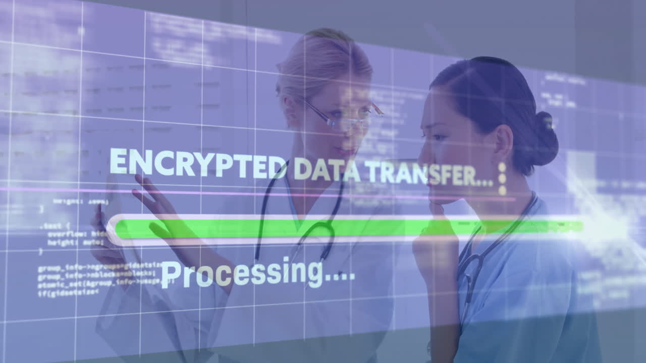 Healthcare professionals reviewing tablet in clinic, showing animated data grid and progress bar