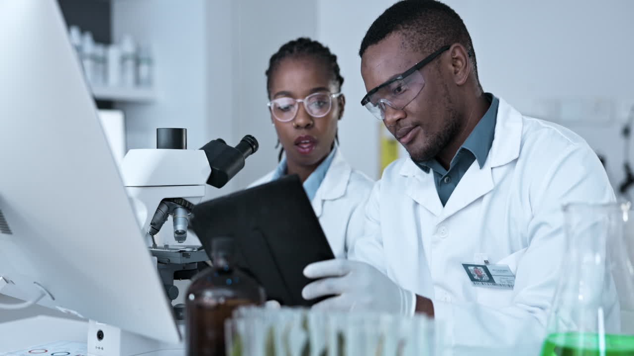 Science, tablet and team of black people