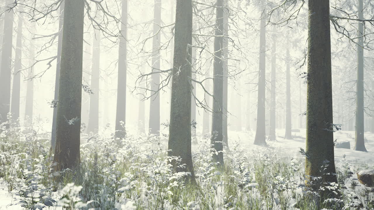 Snow covered forest landscape in winter with tall trees and mist