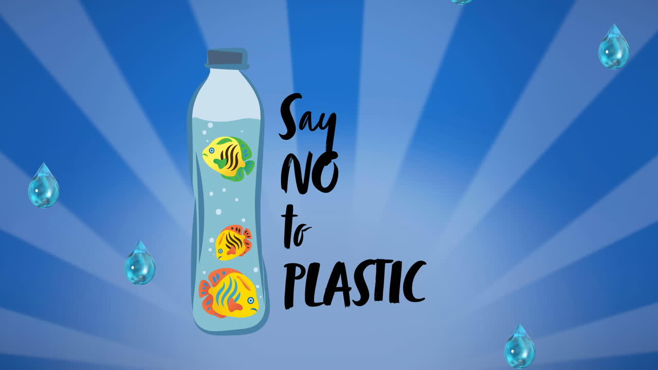 플라스틱 방지 텍스트의 애니메이션, 병에 있는 물고기와 파란 줄무 ⁇ 에 떨어지는 물방울