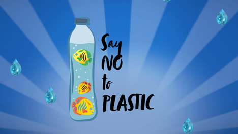 animatie van anti-plastic tekst, met vis in fles en vallende druppels op blauwe strepen