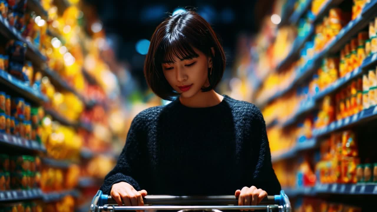 In a vibrant supermarket aisle, a young woman thoughtfully navigates her shopping cart, surrounded by colorful shelves filled with various products, lost in her thoughts and choices