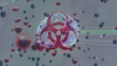 Animation-of-coronavirus-moving-around-human-brain,-biohazard-symbol-rotating-on-digital-interface