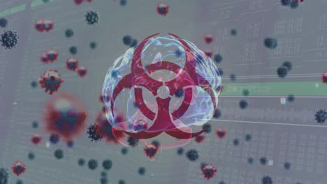 animación de coronavirus moviéndose alrededor del cerebro humano, símbolo de peligro biológico girando en la interfaz digital