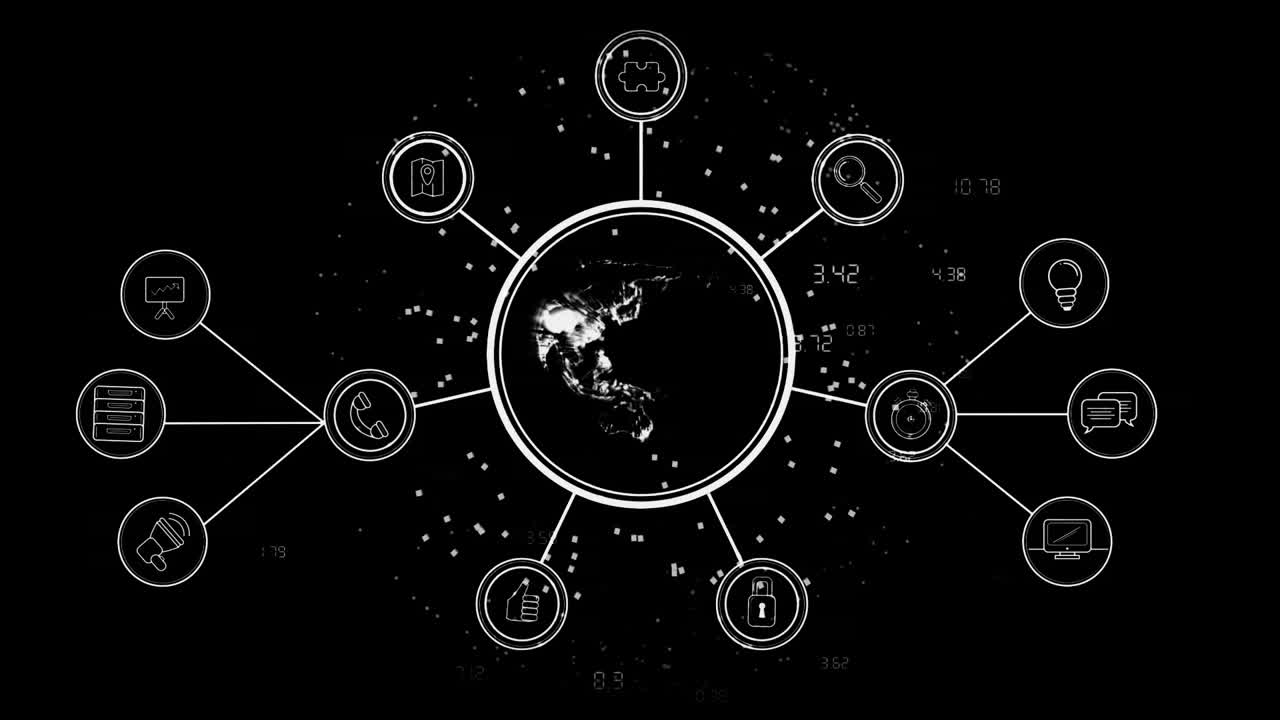 지구를 둘러싼 상호 연결된 아이콘, 글로벌 통신 네트워크 애니메이션을 보여줍니다.
